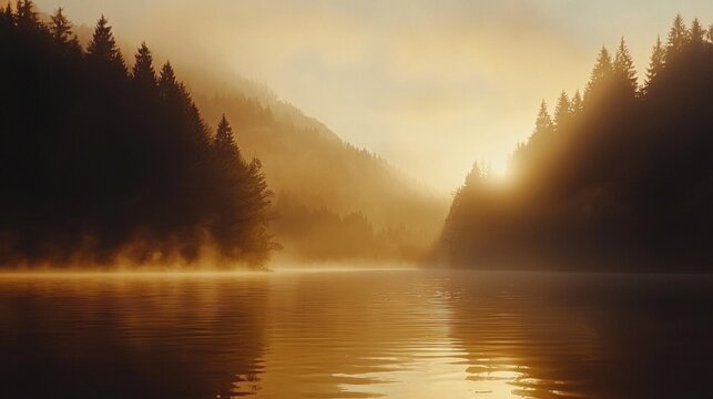 Magical morning scene, misty lake surrounded by forest, golden sunlight breaking through the fog.