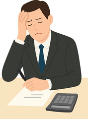 Businessman stressed with work and finances. Office man in suit holding head and thinking, flat cartoon illustration.직장인,스트레스,현대인,회사원,회계,세무,회계사,세무회계,계산기,계산하는,세금,사람,일러스트