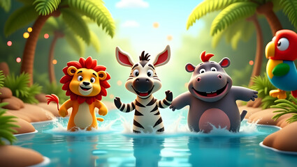 Naklejka premium Playful safari friends frolic in jungle pool