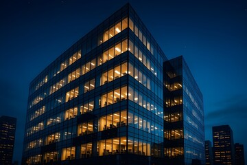 Modern Glass Office Building at Night with Illuminated Facade, Futuristic Corporate Architecture in City Skyline &ndash; Blue Hour Urban Landscape, Geometric Design & Reflective Surfaces