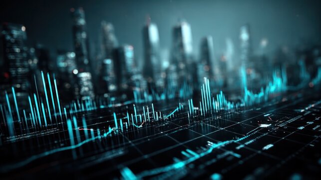 Futuristic digital financial graph with glowing blue line charts and bar graphs overlaying a blurred city skyline at night, evoking a high-tech and dynamic atmosphere