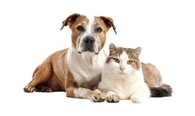 Dog and cat sitting together, isolated on a transparent background