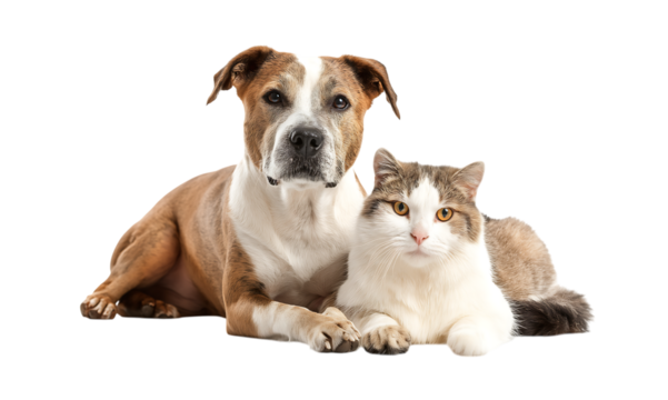Dog and cat sitting together, isolated on a transparent background
