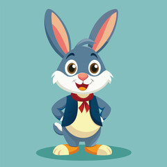 Fototapeta premium A cheerful cartoon rabbit poses with its hands on its hips, dressed in a stylish blue vest and red bow tie, set against a calming light green background.