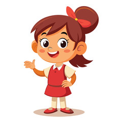 A young girl with brown hair in a ponytail is smiling and gesturing with her hand, wearing a red dress and showing a joyful expression in a cartoon style.
