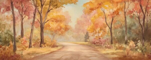 Autumnal pathway through a colorful forest.