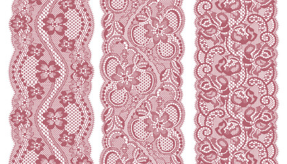 Three narrow strips of red lace trim with floral pattern, arranged facing each other. 