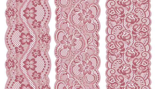 Three narrow strips of red lace trim with floral pattern, arranged facing each other. 