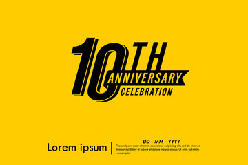 Obraz premium 10th years anniversary celebration emblem. black logo isolated with ribbon on yellow background. vector illustration template design for web, flyers, poster, greeting card and invitation card