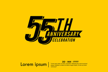 55th years anniversary celebration emblem. black logo isolated with ribbon on yellow background. vector illustration template design for web, flyers, poster, greeting card and invitation card