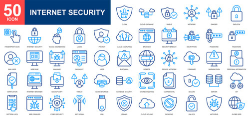 Internet Security icon set collection. Cyber security, cloud compunting, web security, internet protection, seo and web icon. Simple line color vector.