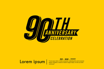 90th years anniversary celebration emblem. black logo isolated with ribbon on yellow background. vector illustration template design for web, flyers, poster, greeting card and invitation card