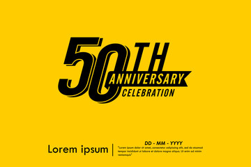 50th years anniversary celebration emblem. black logo isolated with ribbon on yellow background. vector illustration template design for web, flyers, poster, greeting card and invitation card © thitiwat