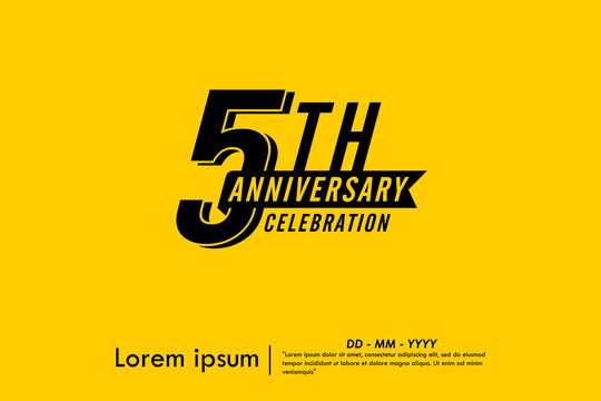 5th years anniversary celebration emblem. black logo isolated with ribbon on yellow background. vector illustration template design for web, flyers, poster, greeting card and invitation card
