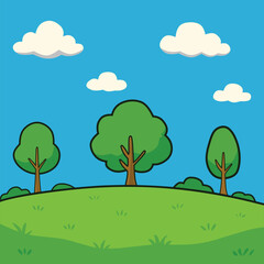 Simple Green Landscape Vector Illustration Featuring Rolling Hills Three Trees and White Puffy Clouds