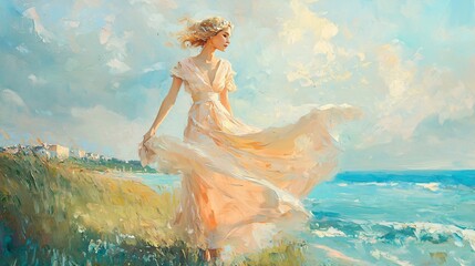 Fashionable woman in flowing dress strolling along a cliff edge with stunning ocean view against a clear sky in the background