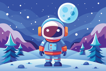 Fototapeta premium An astronaut in a colorful suit explores a snowy terrain surrounded by pine trees and tall mountains, illuminated by a bright moon and stars in the night sky.