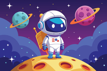 Naklejka premium An astronaut stands atop a moon's surface, gazing at colorful planets and sparkling stars in a whimsical cosmic environment, evoking a sense of wonder and adventure.