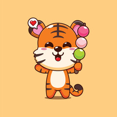Cute tiger cartoon vector illustration eating dango