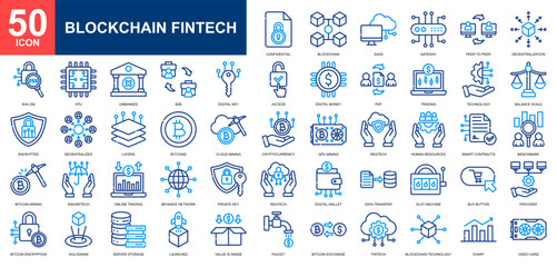Blockchain Fintech icon set collection. Bitcoin, financial management, digital economy, digital currency, digital security icon. Simple line color vector.