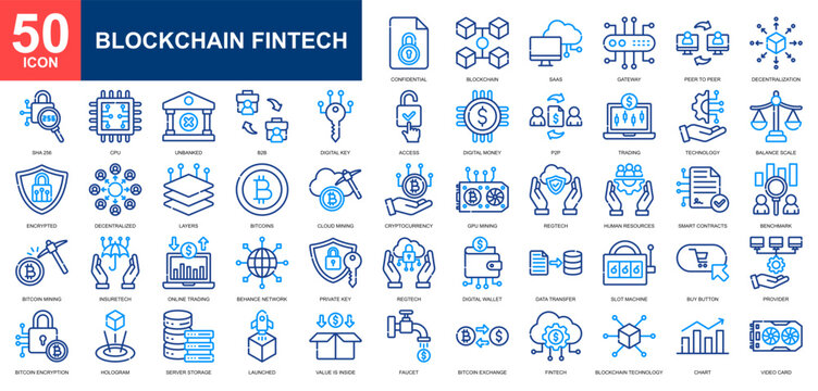 Blockchain Fintech icon set collection. Bitcoin, financial management, digital economy, digital currency, digital security icon. Simple line color vector.