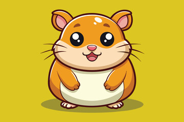 Fototapeta premium A charming cartoon hamster stands smiling, showcasing its round body and vibrant fur, creating a joyful and playful atmosphere on a yellow backdrop.