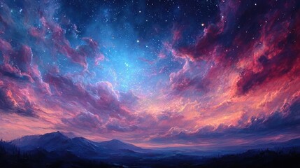 Fototapeta premium Vibrant twilight sky filled with colorful clouds and sparkling stars over dark mountainous landscape, creating a serene and majestic atmosphere