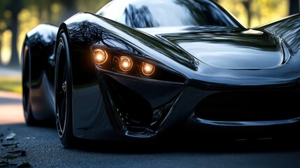 Naklejka premium Sleek black sports car urban road photography daylight dynamic perspective automotive elegance