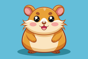 A cheerful cartoon hamster with a round shape and fluffy fur stands on a bright blue background, its large eyes sparkling with joy while sporting a small smile.