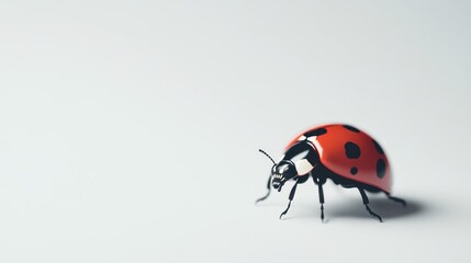 Close-up of a ladybug on a plain white background.  A vibrant red ladybug with black spots is in a dynamic pose, suggestive of movement