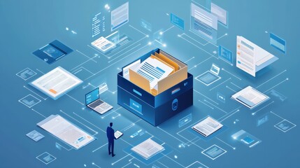 Obraz premium A man using a digital filing system for document management with a futuristic interface.