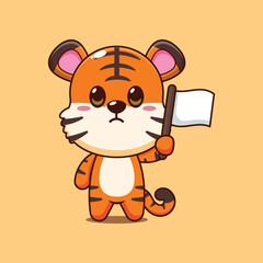 Cute tiger cartoon vector illustration with white flag
