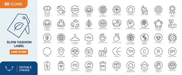 Slow Fashion label icon set. Outline Icon Collection. Vector illustration. Editable stroke	
