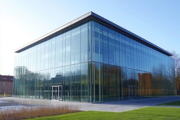 A modern glass building with reflections of trees and sky on a sunny day with green grass around it