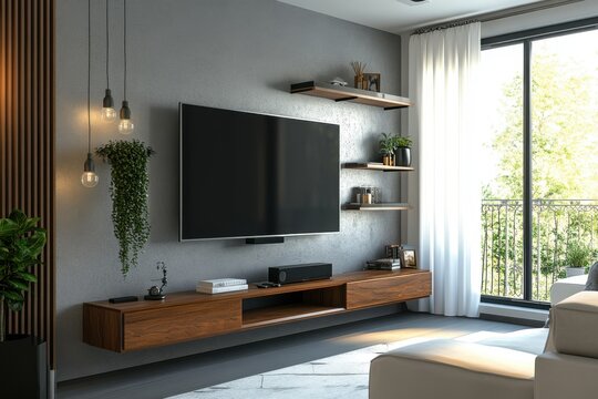 Living room interior with floating tv stand shelves and large window with natural light shining through