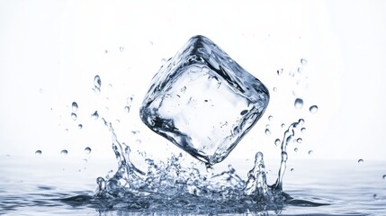 Close-up of an ice cube splashing into clear water with droplets, captured mid-air, against a white background.