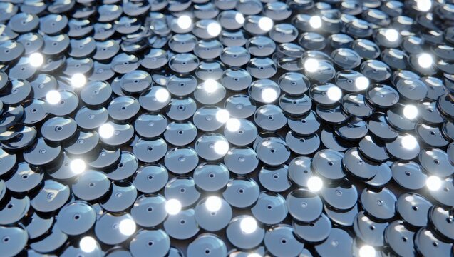 Close-up macro shot of shiny silver sequins creating a sparkling texture.
