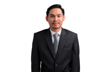 Confident young Asian businessman in formal suit smiling isolated on transparent background