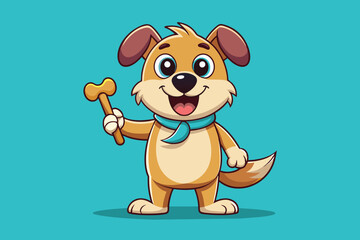 A cheerful cartoon dog stands upright with a big smile, holding a bone in one paw and wearing a scarf, set against a vibrant blue background.
