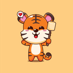 Cute tiger cartoon vector illustration eating marshmallow