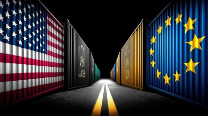 Broken shipping containers with usa and eu flags showing trade war and tariffs