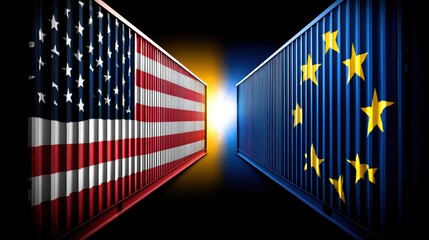 Broken shipping containers with usa and eu flags showing trade war and tariffs