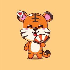 Cute tiger cartoon vector illustration with hand fan