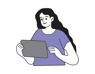 Woman smiling while holding a tablet and looking at the screen