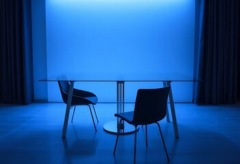 two chairs and a table in a dark room