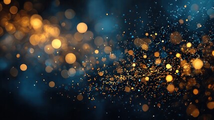 Golden glowing particles and bokeh lights floating in a dark blue space creating a magical and ethereal atmosphere