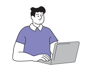 Man working on a laptop, online, at his desk