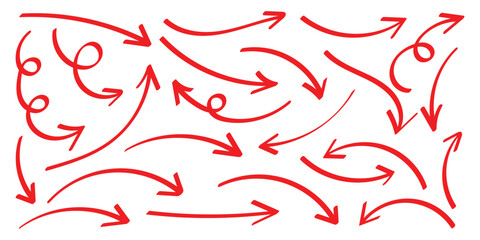 Curved arrow icons designs. Red doodles arrow set. Simple red curved hand drawn arrows. Curly arrow icons set. Vector illustration. EPS 10