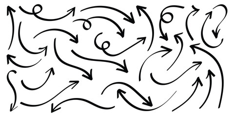 Set of hand drawn black arrows in various style. Set of simple of hand drawn black arrows. Set of simple lines hand drawn black arrows. Vector illustration.