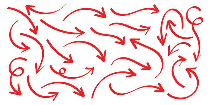 Curved arrow icons designs. Red doodles arrow set. Simple red curved hand drawn arrows. Curly arrow icons set. Vector illustration. EPS 10